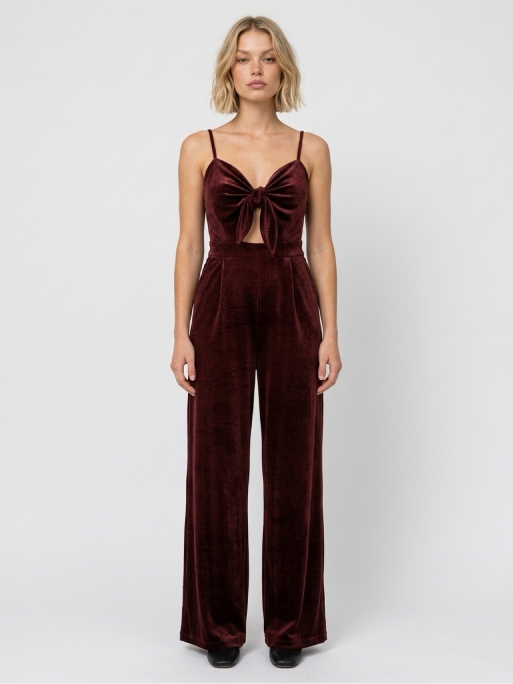 Velvet Tie-Front Jumpsuit in Deep Burgundy